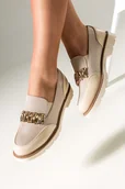 Mokasyny damskie - Beżowe mokasyny damskie błyszczące z kryształkami gumki w cholewce skórzana wkładka Casu JW25X5-G - miniaturka - grafika 1