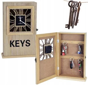 DUŻA DEKORACYJNA DREWNIANA SZAFKA NA KLUCZE ZAMYKANA 6 HACZYKÓW Z ZEGAREM - Szafki na klucze - miniaturka - grafika 1