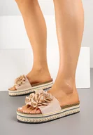 Klapki i japonki damskie - Beżowe Klapki na Grubej Plecionej Podeszwie z Kwiatami 3D Redeleira - miniaturka - grafika 1