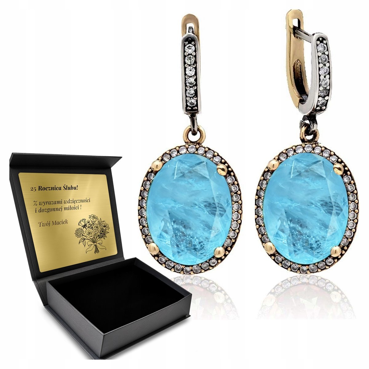 Kolczyki Srebrne 925 Cyrkonie I Turmalin Biżuteria Dla Kobiety + Grawer