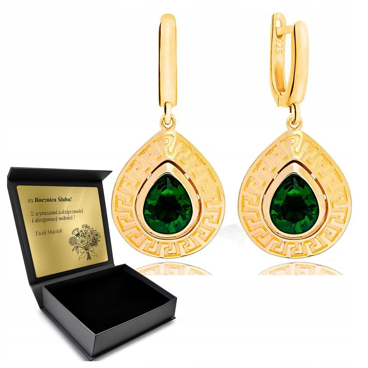 Kolczyki Pozłacane Srebrne Orientalne Bogate Ze Szmaragdem Piękne + Grawer