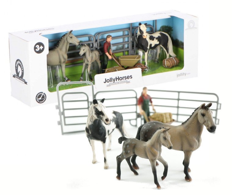 Zestaw JOLLY HORSES Koń Pinto Mare i Koń Grey ze źrebakiem Figurka + akcesoria