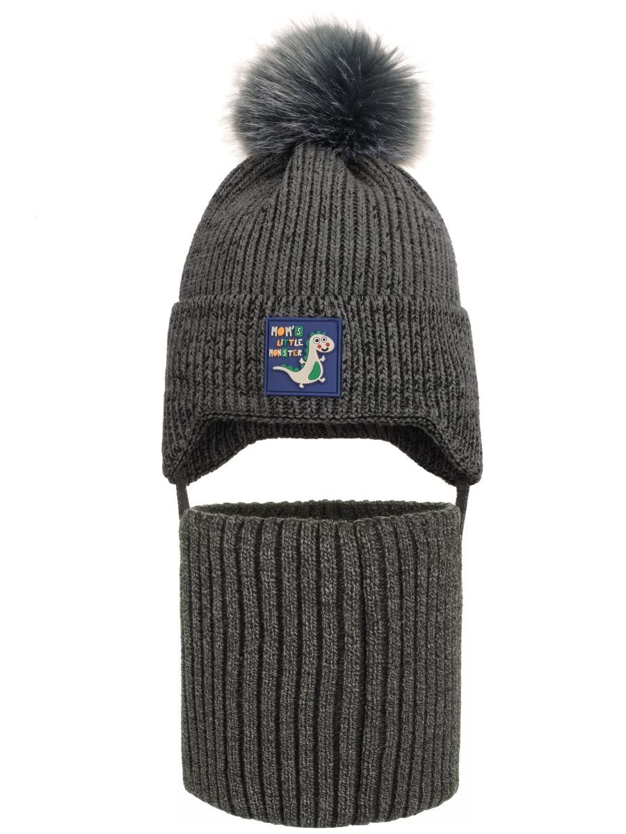 Chłopięcy komplet zimowy czapka i komin dinozaur ciemnoszary Ambra Biz r.46/50