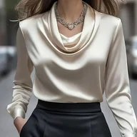 Koszule damskie - TEMU Elegancka Bluzka Damska w Kolorze Beżowym/Jedwabistym - Kołnierzyk z Klapami, Długi Rękaw na Guziki, Odporna Na Zagniecenia i Nadająca Się do - miniaturka - grafika 1