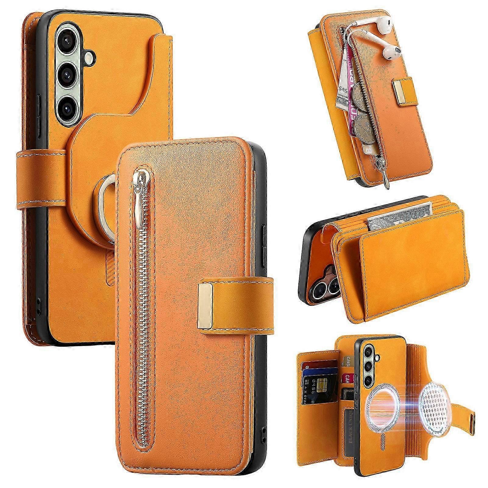 Etui magnetyczne ze skóry Galaxy A26 5G z portfelem zapinanym na suwak z obsługą RFID i zdejmowaną pokrywą Żółty