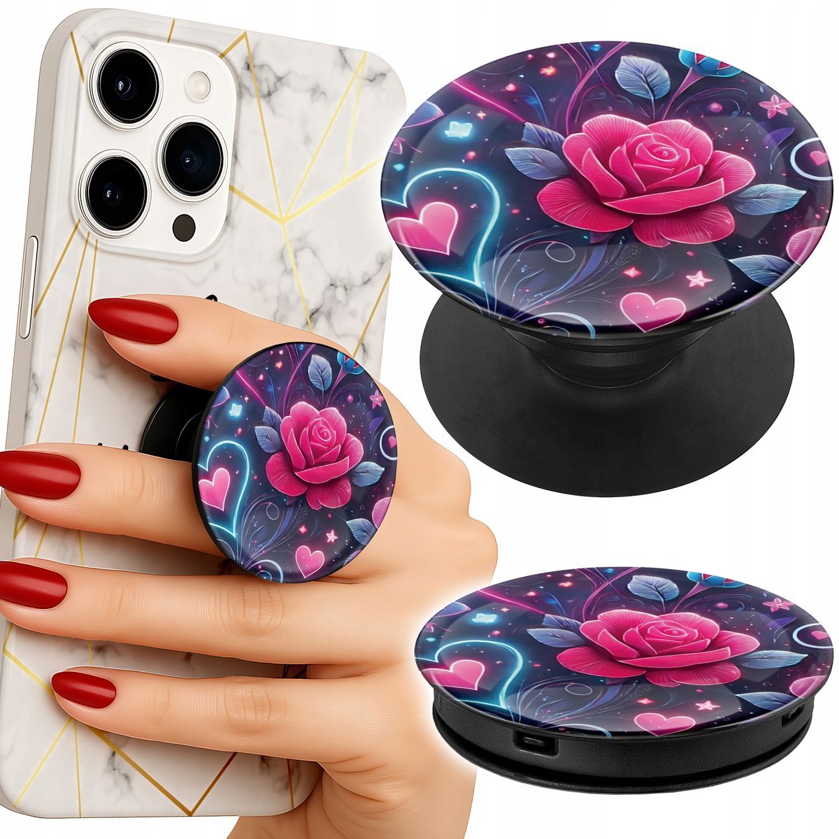 Uchwyt do telefonu Popsocket na palce/stojak SERCE, RÓŻA WZORY
