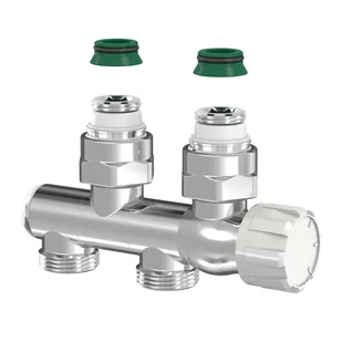 Przyłącze dwururowe VarioCon Design uniwersalne - do grzejników z podłączeniem GW 1/2" lub GZ 3/4, chromowane, zintegrowany zawór termostatyczny - Zawory i kraniki - miniaturka - grafika 1