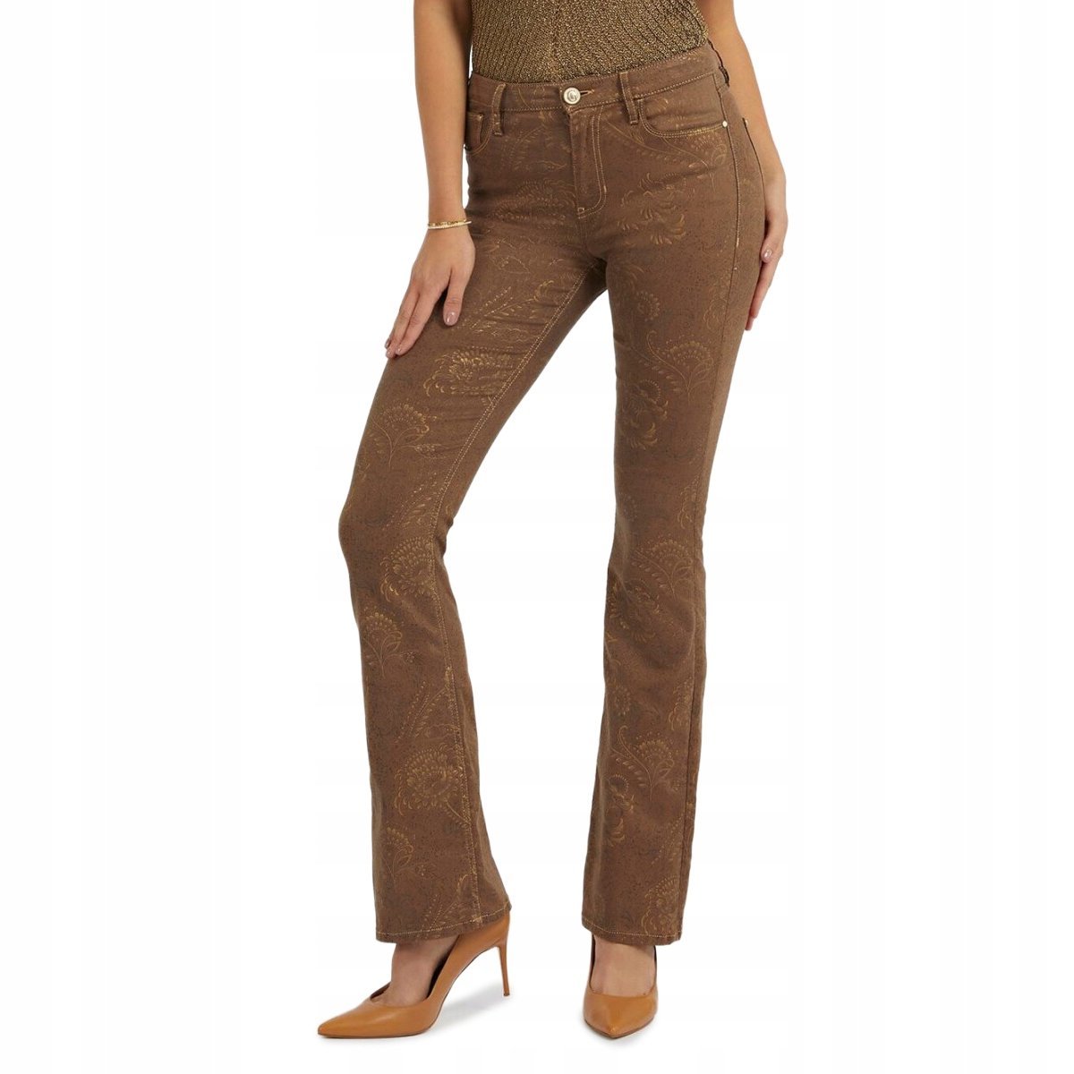 GUESS BRĄZOWE SPODNIE RURKI Z AŻUROWYM WZOREM CASUAL 28/32 GGA