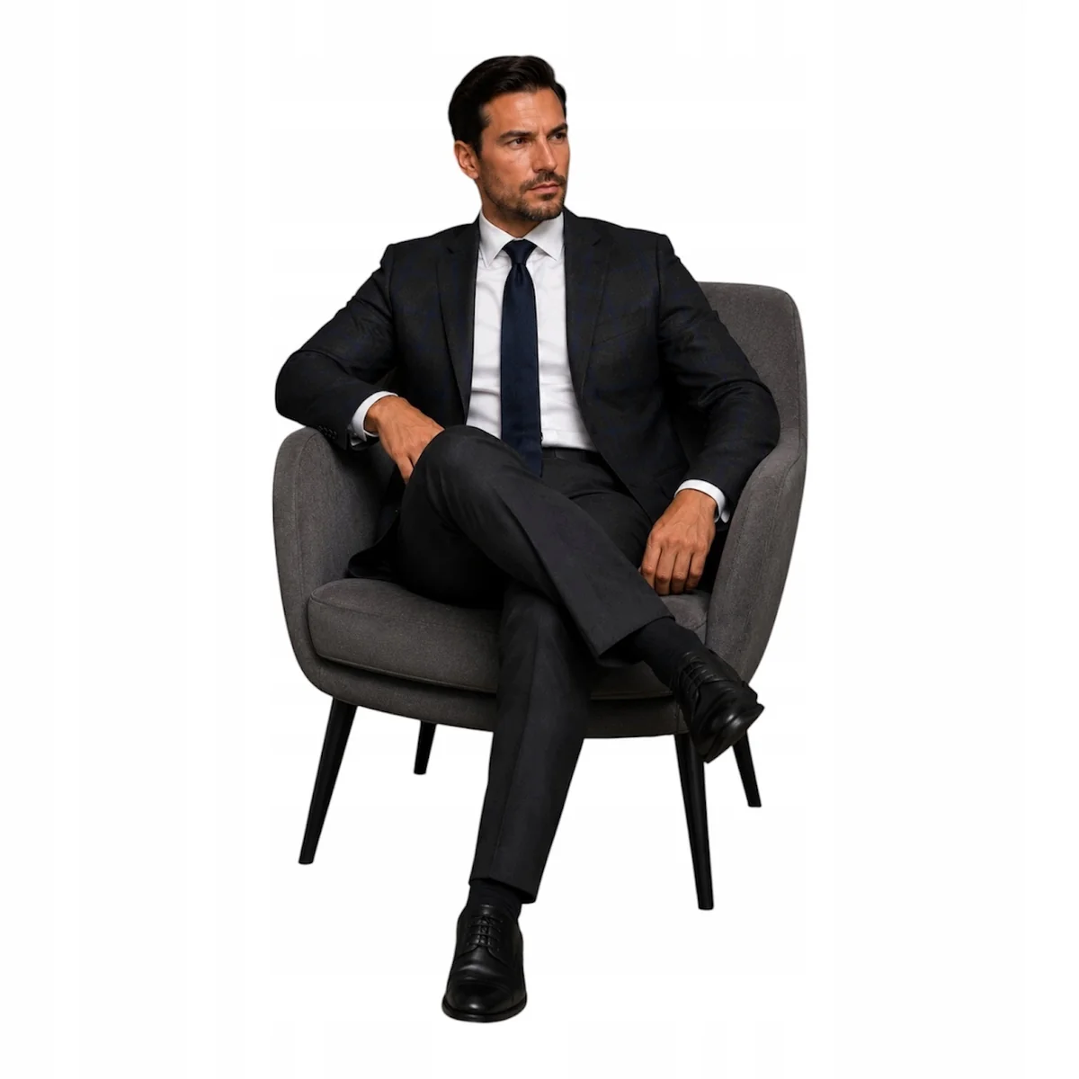 GARNITUR MĘSKI GRAFITOWY W NIEBIESKĄ KRATKĘ SLIM FIT 44/176