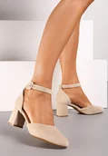 Czółenka - Beżowe Czółenka na Obcasie ze Skórzaną Wkładką i Paskiem Wokół Kostki Lunathia - miniaturka - grafika 1