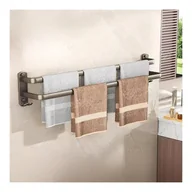 Wieszaki łazienkowe - Szary podwójny wieszak na ręczniki, półka łazienkowa bez wiercenia, podwieszany aluminiowy wieszak na ręczniki, 70 cm, bez wiercenia - miniaturka - grafika 1