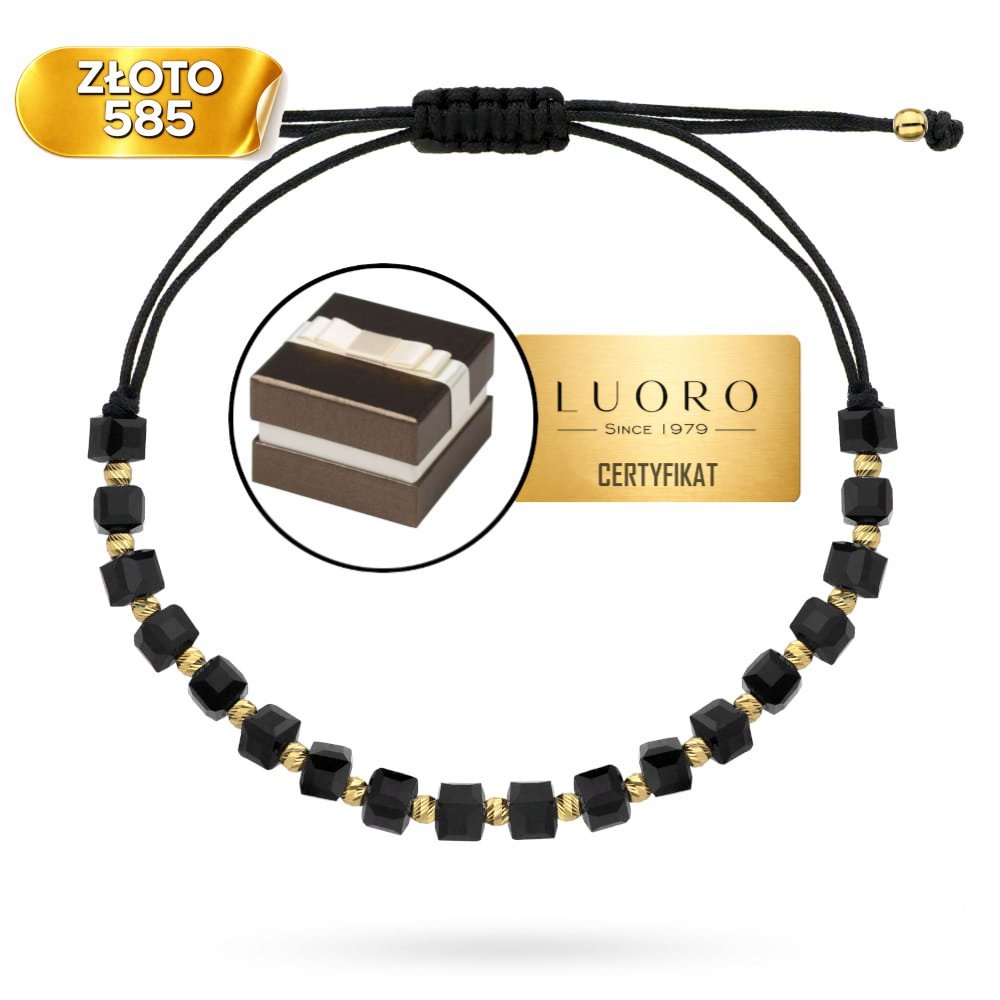 BRANSOLETKA ZŁOTA 585 14K DIAMENTOWANE KULKI CZARNE KAMIENIE REGULOWANA 25 CM