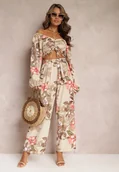 Komplety damskie - Beżowy 2-częściowy Komplet w Kwiaty Calaq - miniaturka - grafika 1