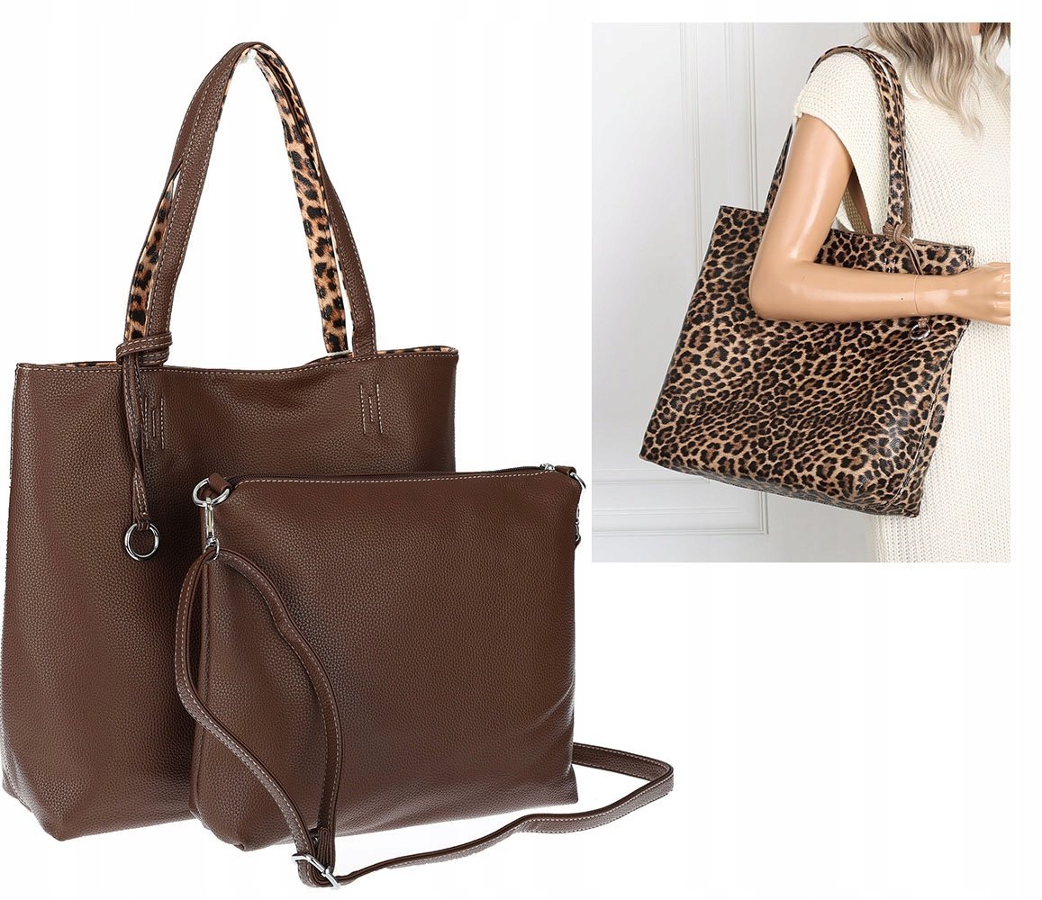 Torebka Damska dwustronna Shopper 2w1 listonoszka modna WHTS932 Czekoladowa