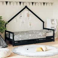 Łóżeczka i kojce - The Living Store Rama łóżka dziecięcego z szufladami - czarna - 80x200 cm - sosnowa - Łóżko Dla Dzieci - miniaturka - grafika 1