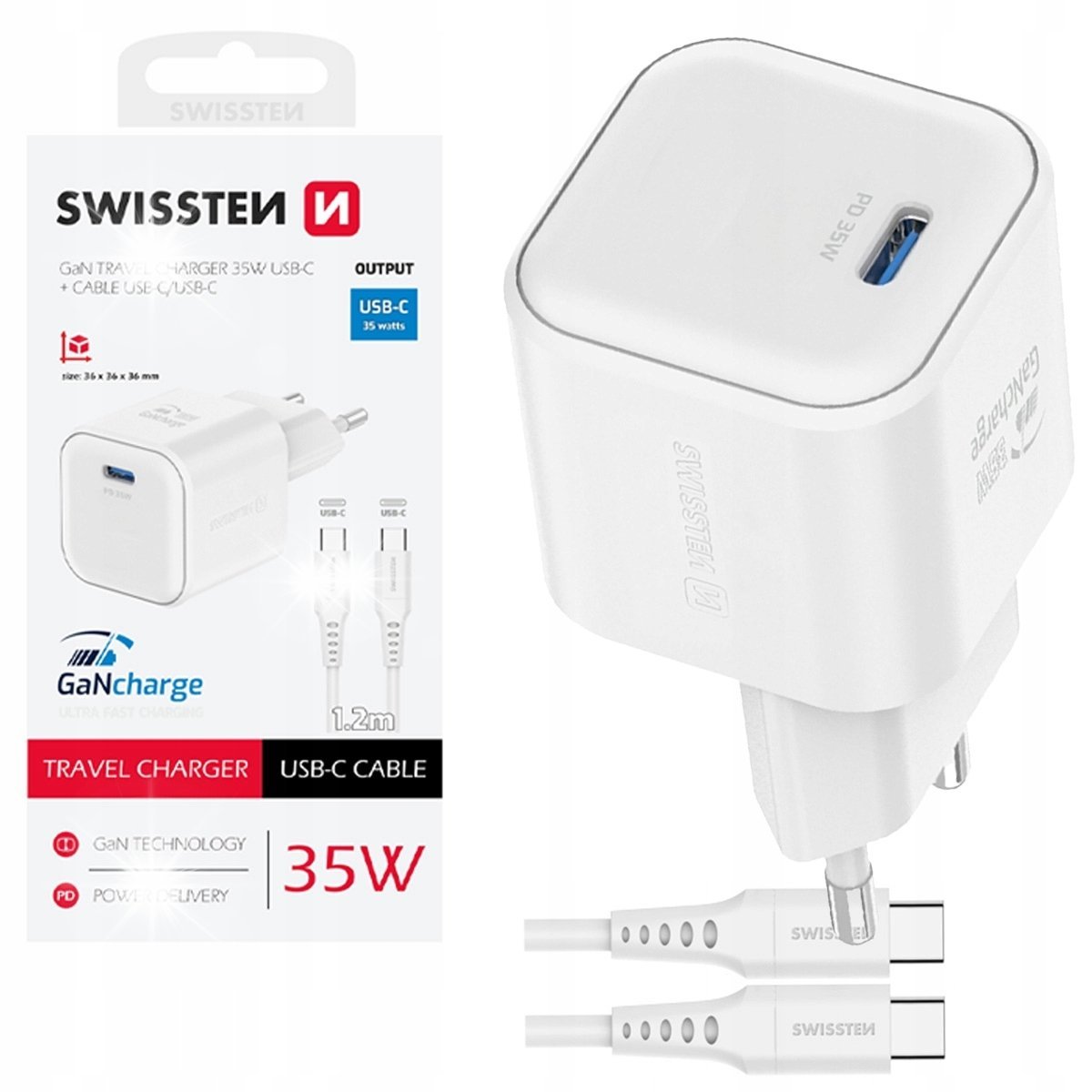 SZYBKA ŁADOWARKA SIECIOWA GaN USB-C 35W PD + kabel USB-C USB-C SWISSTEN