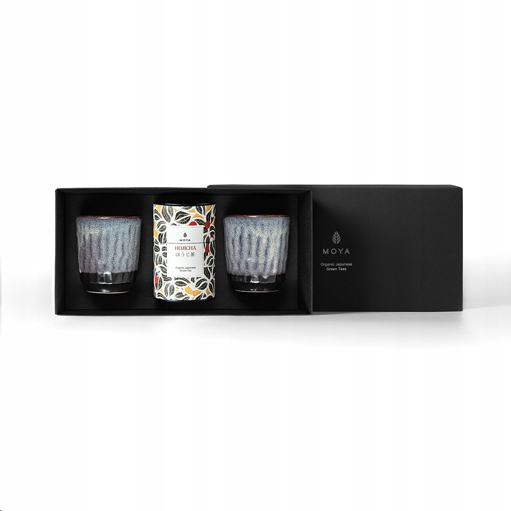 Zestaw organiczna zielona herbata Moya Hojicha i 2 kubki Murasaki