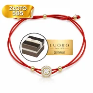 Bransoletki - BRANSOLETKA ZŁOTA 585 14K KÓŁECZKO CYRKONIE CZERWONY SZNUREK 14-20 CM REGULOWANA - miniaturka - grafika 1