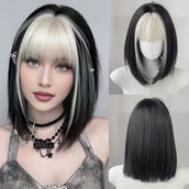 Inne - TEMU Kostiumowa Peruka Bob Krótka Prosta z Przejściem w Czarny z Grzywką, Gęstość Wyższa, Srebrzysto-Białe Pasemki dla Kobiet na Codzień i Imprezę, - miniaturka - grafika 1