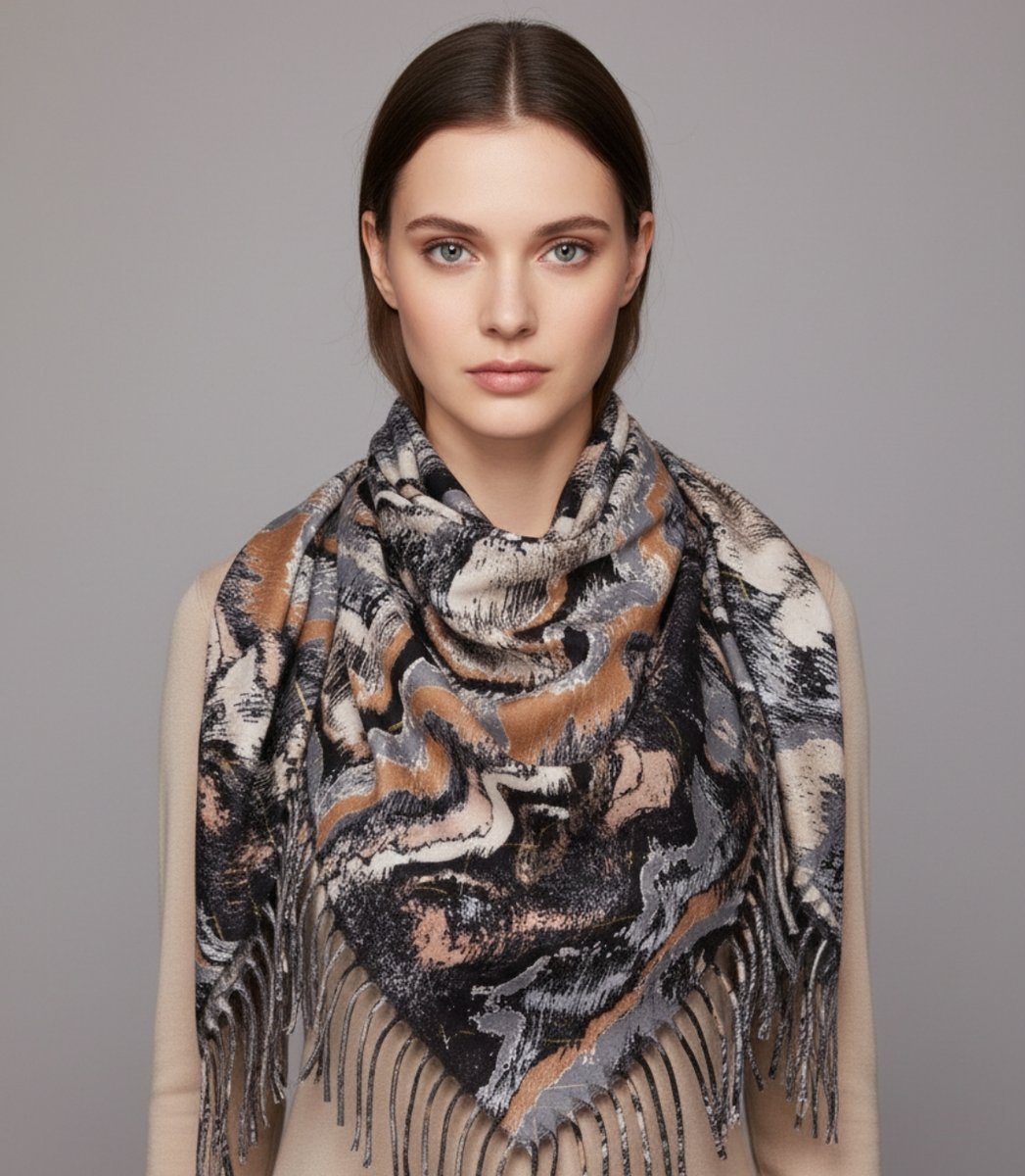 Chusta szal szalik z falistym delikatnym wzorem z frędzlami