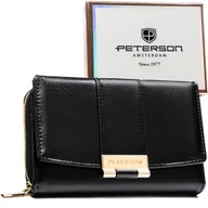 Portfele - Portfel damski czarny PETERSON mały poziomy na zatrzask i suwak ochrona RFID rozbudowany na karty elegancki - miniaturka - grafika 1