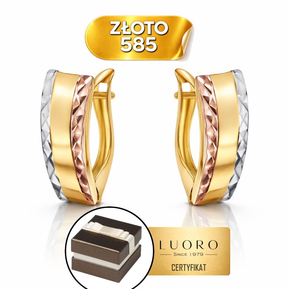 KOLCZYKI ZŁOTE 585 14K PROSTOKĄT DIAMENTOWANE BRZEGI TRICOLOR ANGLIELSKIE