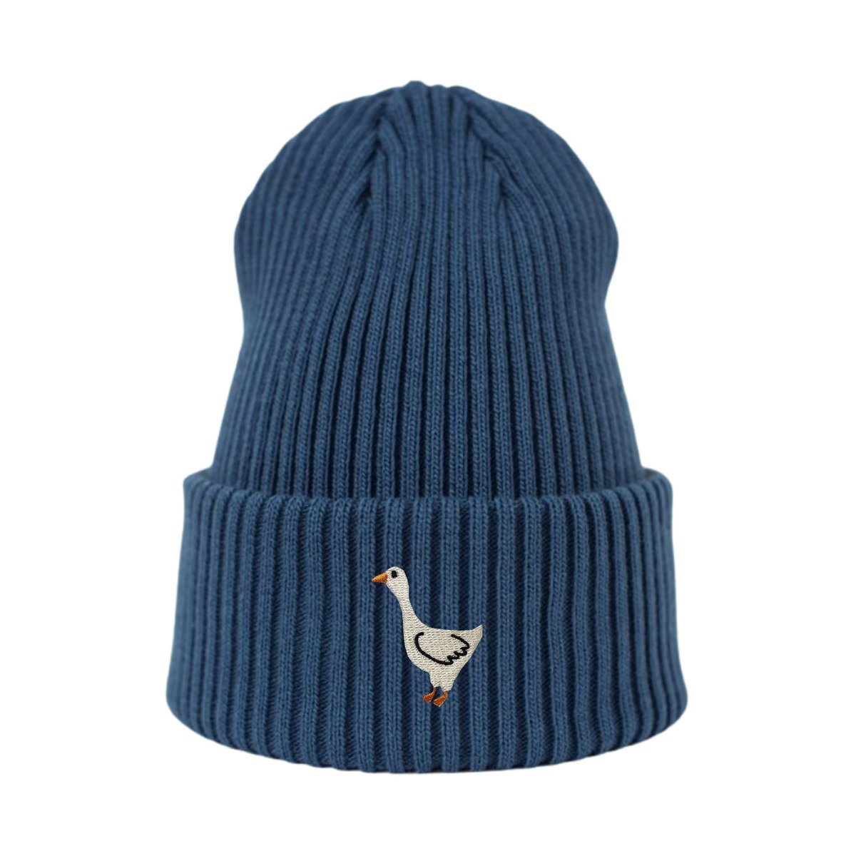 Haftowana czapka beanie - GĄSKA - niebieska