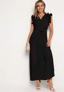 Czarna Sukienka z Kopertowym Dekoltem i Falbanką z Gumką w Talii i Materiałowym Paskiem Tiamaraya - Sukienki - miniaturka - grafika 1