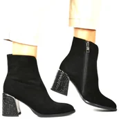 Botki damskie - DAMSKIE BOTKI SKÓRZANE NA OZDOBNYM OBCASIE VINCEZA 66801 CZARNE - miniaturka - grafika 1