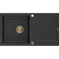 Zlewozmywaki - Mexen Leo zlewozmywak granitowy 1-komorowy z ociekaczem 900 x 500 mm, czarny/srebrny metalik, syfon złoty - miniaturka - grafika 1