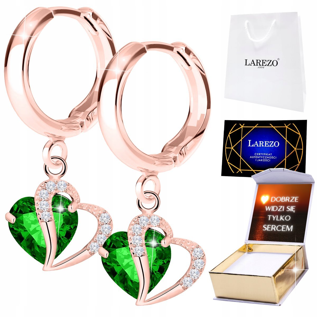 Różowe Kolczyki 925 Zielone Serca z Cyrkoniami Serduszka Serce Love NADRUK