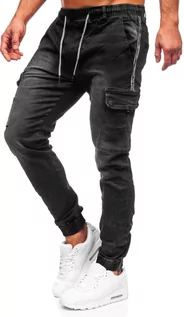 Spodnie męskie - Czarne spodnie jeansowe joggery bojówki męskie Denley TF059 - grafika 1
