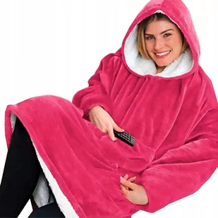 CIEPŁY KOC Z RĘKAWAMI I KAPTUREM BLUZA OVERSIZE 2w1 NARZUTA FUTRZAK RÓŻ - Koce - miniaturka - grafika 1