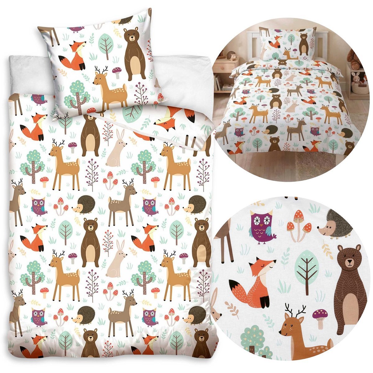 Leśne zwierzątka Biała, DWUSTRONNA, bawełniana pościel dziecięca na zamek, 100% BAWEŁNA 140x200cm+70x80cm OEKO-TEX