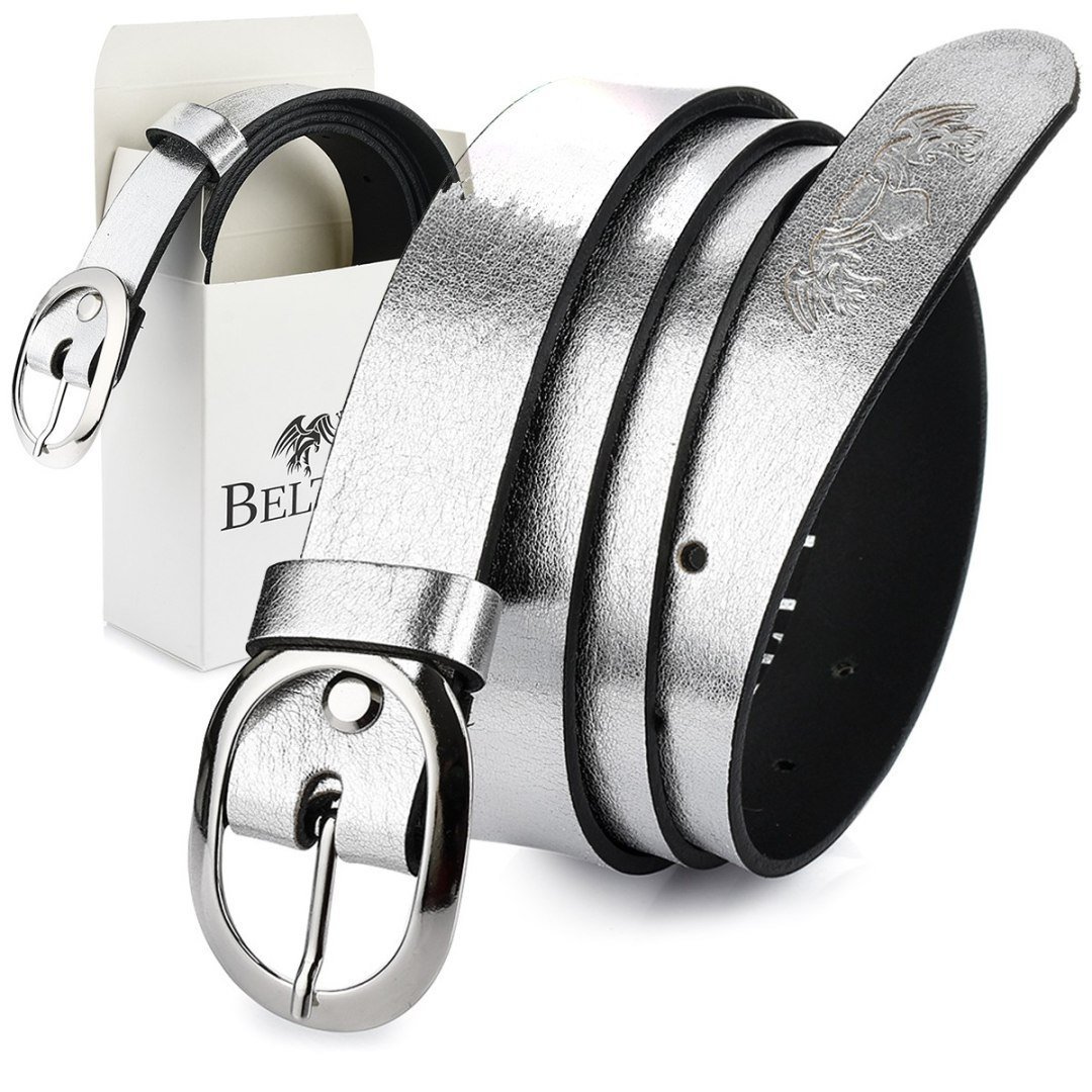 Beltimore skórzany damski pasek do spodni 3 cm srebrny U48 szary, srebrny r.105-120 cm