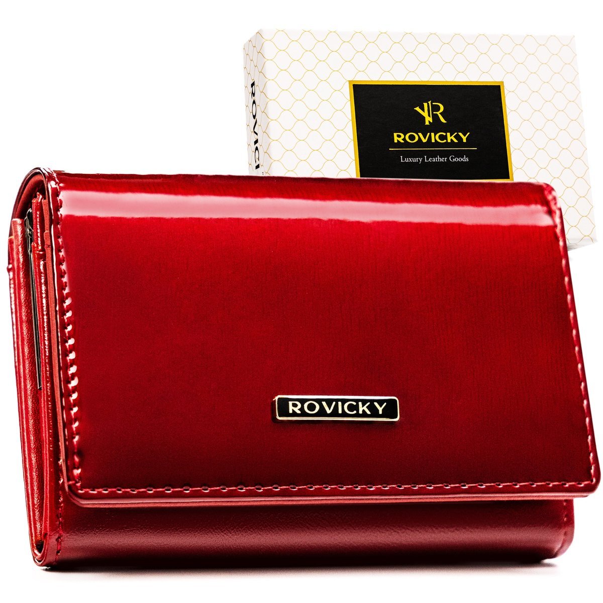 Elegancki lakierowany portfel damski ROVICKY skóra naturalna i ekologiczna karty dokumenty gotówka ochrona RFID czerwony