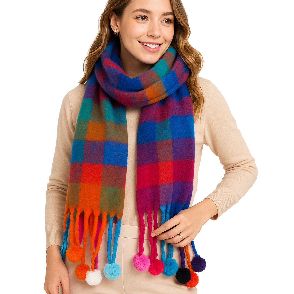 Ciepły gruby Szal damski FLUFFY POMPOM