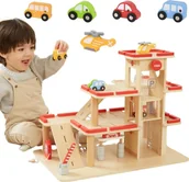 Tory, garaże, parkingi - VIGA Drewniany Parking dla Samochodzików z Windą 4 Autka Helikopter - miniaturka - grafika 1