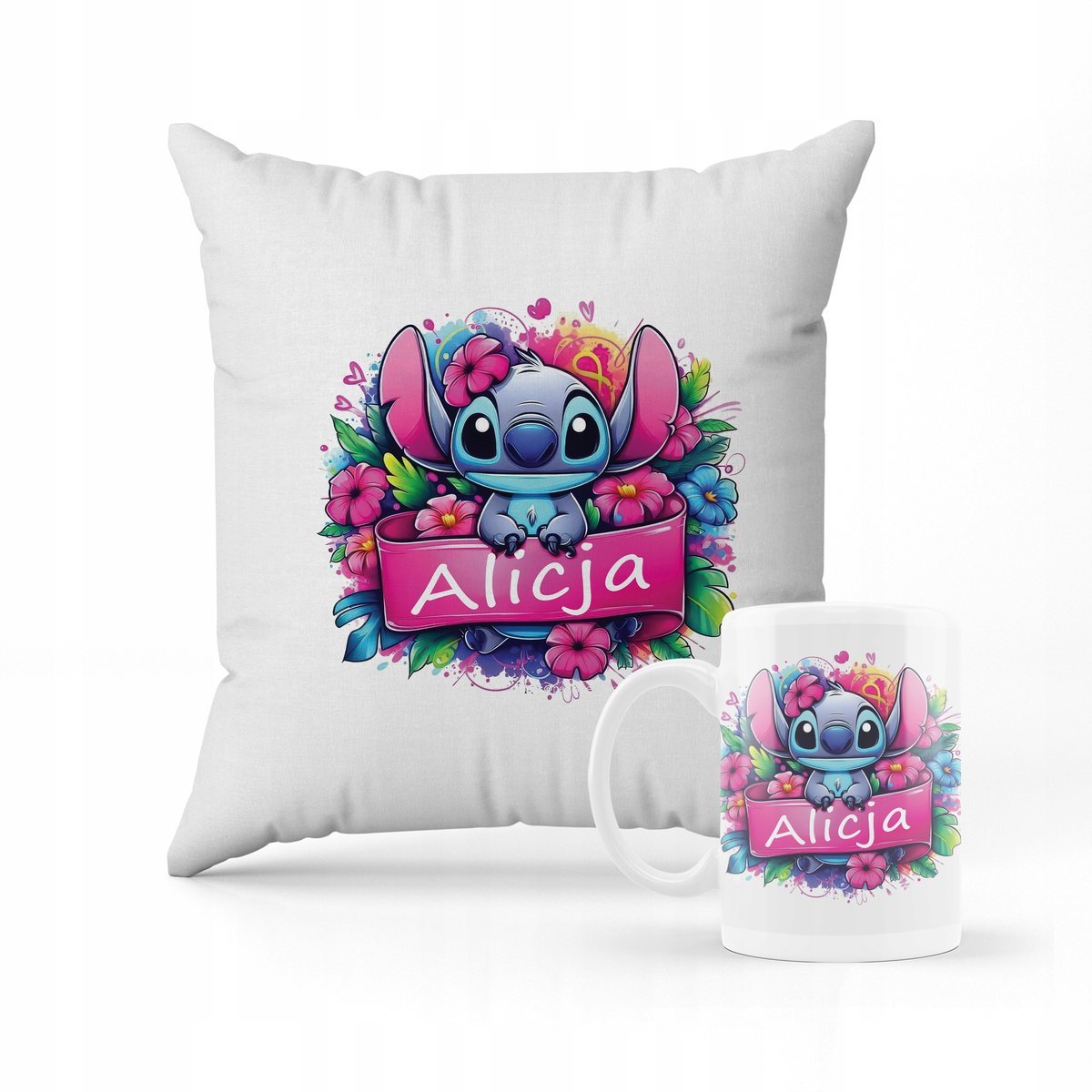 ZESTAW PODUSZKA + KUBEK PREZENT DLA DZIECKA STICH STITCH STICZ + IMIĘ #15