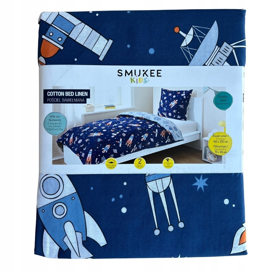 Bawełniana pościel dziecięca Smukee 160x200 granatowa kosmos