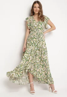 Ciemnozielona Asymetryczna Sukienka z Gumką w Pasie z Falbankami z Wiskozy Venimra - Sukienki - miniaturka - grafika 1