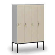 Szafy biurowe - Drewniana szafa ubraniowa z podstawą, 4 przegródki, zamek obrotowy, szary/brzoza - miniaturka - grafika 1