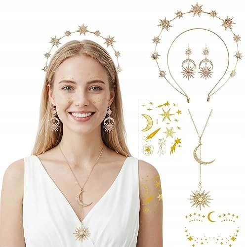 SŁOŃCE KSIĘŻYC GWIAZDY OPASKA NA WŁOSY ZŁOTA KSIĘŻYC HALO OZDOBA GŁOWY