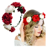 Ozdoby do włosów - Opaska Wianek Biało-Czerwony na Głowę Duży Kwiaty Róże Piwonie Lekki i Efektowny - miniaturka - grafika 1