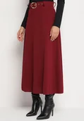 Spódnice - Bordowa Rozkloszowana Spódnica z Wysokim Stanem Ozdobiona Paskiem z Klamrą Lobira - miniaturka - grafika 1