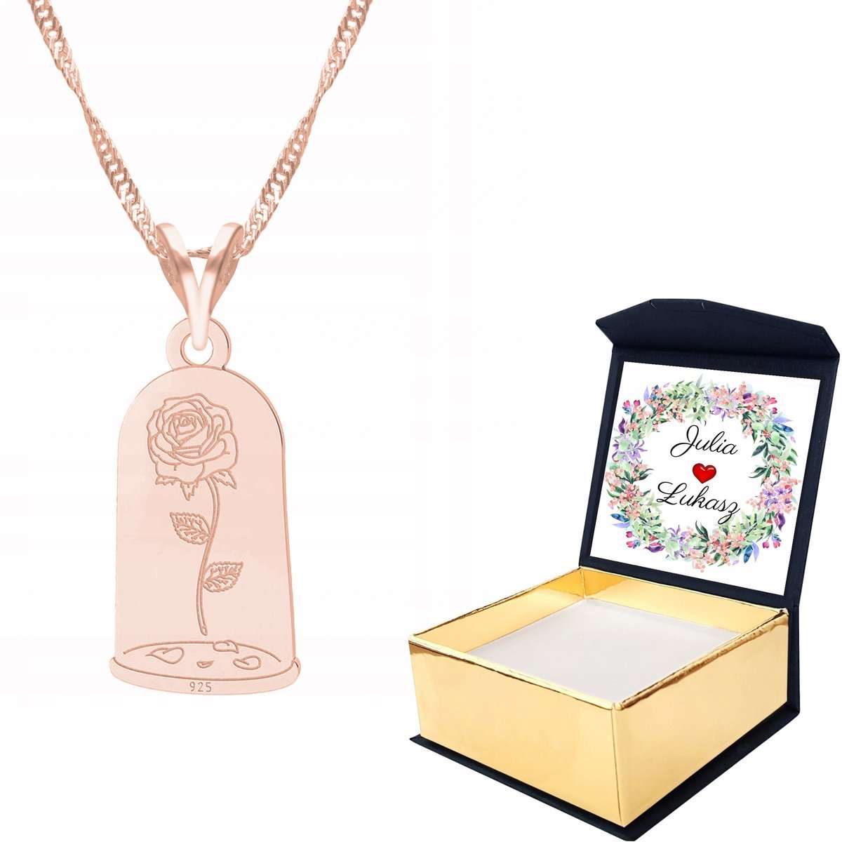 Naszyjnik różowe złoto Róża Kwiat + WŁASNY NADRUK