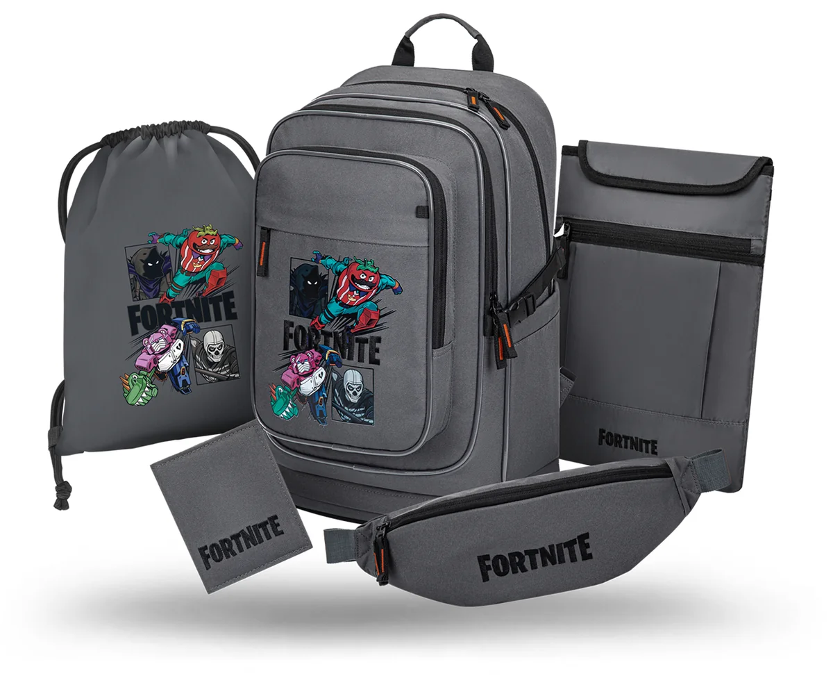 Zestaw Szkolny 5w1 BAAGL Plecak szkolny Cubic Fortnite Squad Ergonomiczny 29L 33x45x20 cm Wielokolorowy dla chłopca + Worek na buty, Nerka, Portfel,..