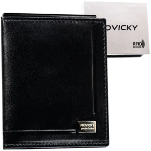 Czarny skórzany portfel męski na banknoty ROVICKY etui na karty i dokumenty banknotówka klips na banknoty pudełko prezentowe ochrona RFID STOP - Portfele - miniaturka - grafika 1