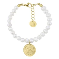 Bransoletki - Perełki białe damska bransoletka z pozłacanym medalionem EYE ze stali szlachetnej - Manoki - miniaturka - grafika 1