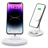 Stacje dokujące do telefonów - 4KOM.PL Ładowarka bezprzewodowa 2w1 QI 15W 2in1 Magnetic MagSafe Wireless Charger do Apple iPhone AirPods Biała - miniaturka - grafika 1